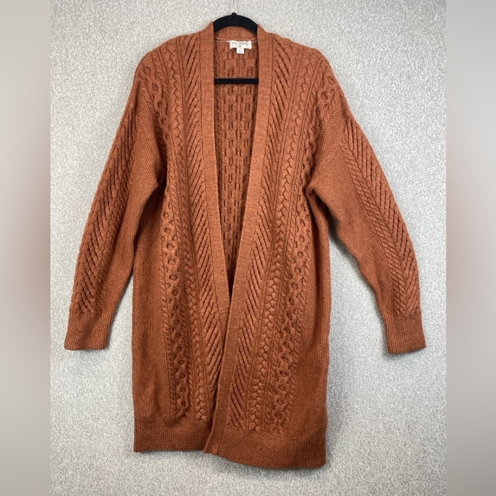 Nili Lotan chunky knit cardigan L long line open cable knit basketweave casual - Picture 3 of 10